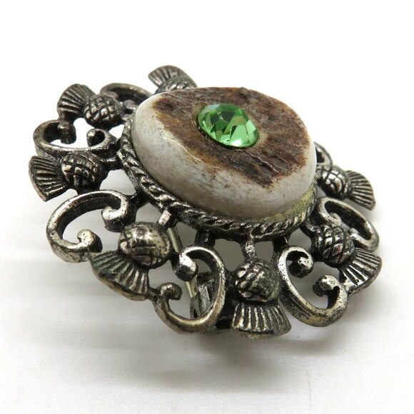 Vintage Deer Antler Brooch Green Gem Silver Tone 1.5" Ornate Metalwork - Picture 5 of 9